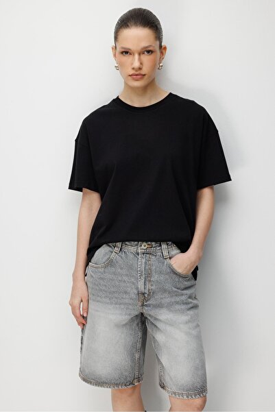 Mixray 4852 Women's Slit Oversize Basic 100% Cotton T-Shirt Black