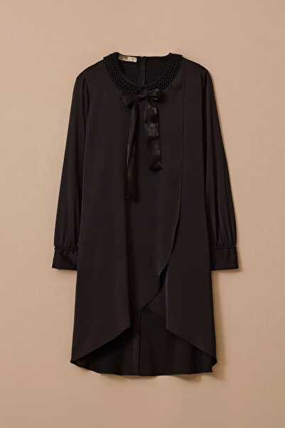 SEÇİL Kadın İnci Detaylı Asimetrik Saten Tunik - Siyah