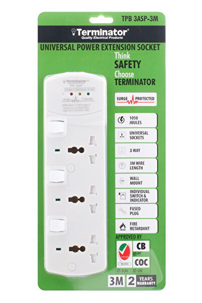 Terminatör Terminator Brand Universal Power Extension Socket with Surge Protection - 3way 3M