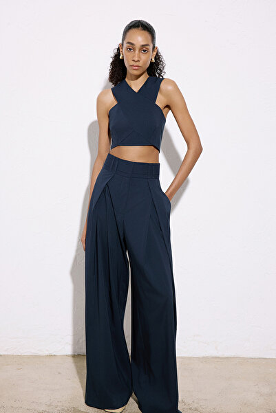 rue Geniş Paça Çizgili Lacivert Pantolon