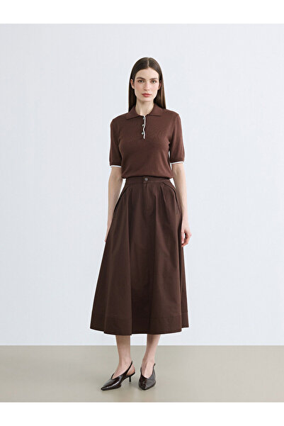 LC Waikiki تنورة واسعة من مجموعة إلسيفا باللون البني ذات خصر مرتفع ورباط من ق...