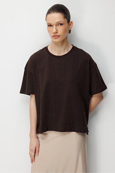 Mixray 4852 Women's Slit Oversize Basic 100% Cotton T-Shirt Brown