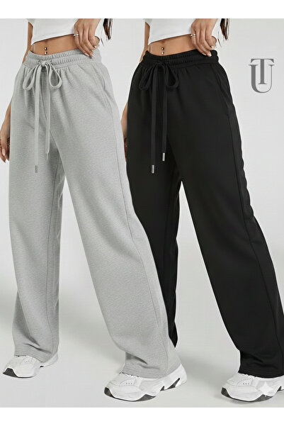 LAUSRA 2-Piece Sweatpants for Women - Black & Gray High Waist Pockets Relaxed...