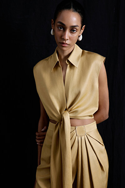 rue Bağlamalı Keten Karışımlı Camel Yelek