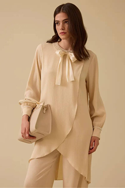 SEÇİL Kadın İnci Detaylı Asimetrik Saten Tunik - Bej