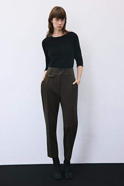 rue Pileli Dar Paça Yüksek Bel Haki Pantolon