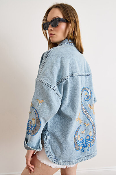 Olalook Women's Light Blue Bird Embroidered Sequin Detailed Denim Jacket Ckt-...