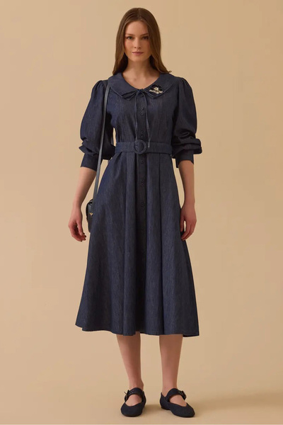 SEÇİL Kadın Aksesuarlı Kemerli Jean Elbise - Lacivert