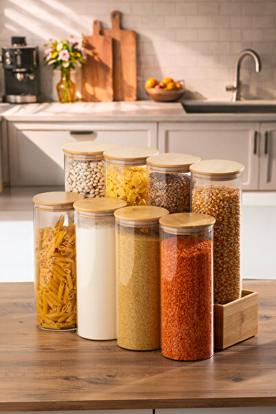 Porsima 418 8-Piece Round 1750 ml Bamboo Vacuum Lid Glass Jar Set Storage Con...