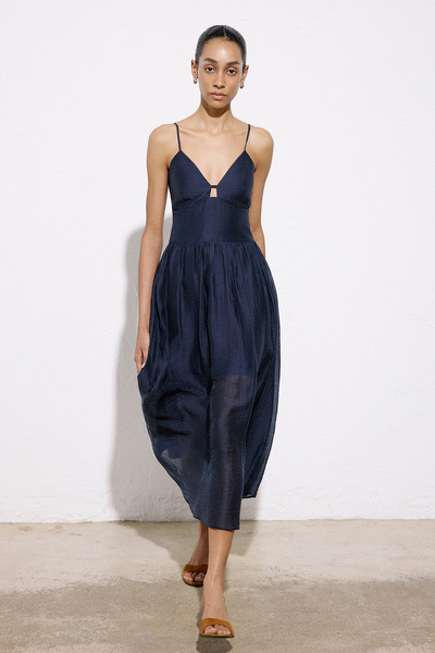 rue Degaje Yaka Korsajlı Midi Lacivert Elbise