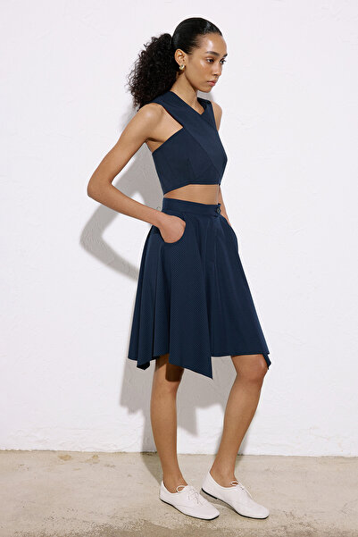 rue Çizgili Asimetrik Yüksek Bel Lacivert Etek
