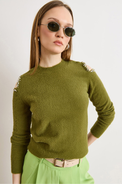 Olalook Women's Oil Green Shoulder Stone Detailed Soft Beard Knitwear Blouse ...