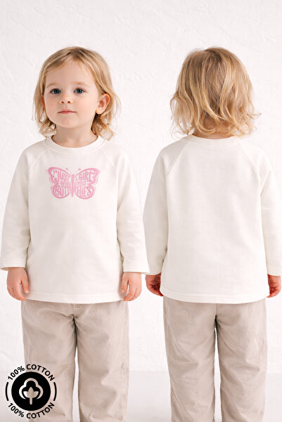 Miniel Kız Kelebek Baskılı %100 Pamuklu Oversize Uzun Kollu T-shirt Bebek-Çocuk