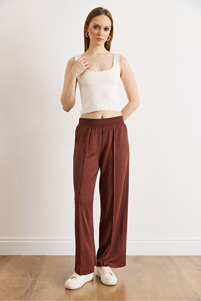 Olalook Women's Brown Knitwear Trousers with Stitching Detail on the Front an...