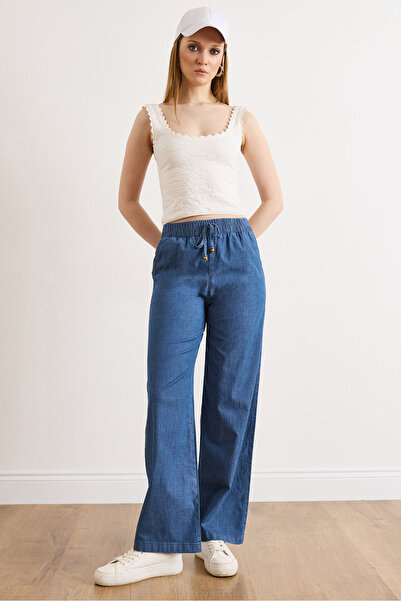 Olalook Women's Blue Elastic Waist Wide Leg Denim Trousers Pnt-19000393