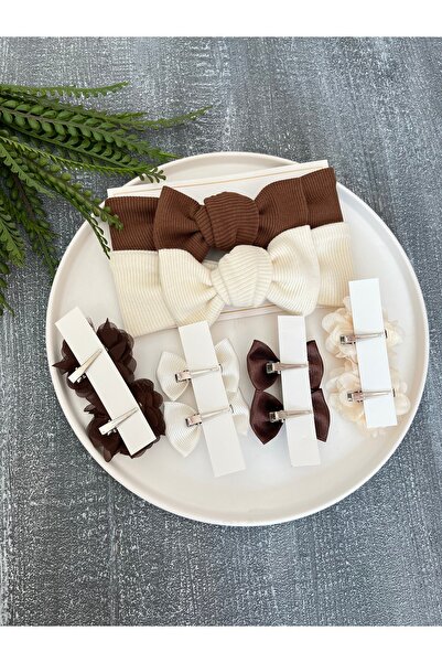 pempem bandana مجموعة باندانا مخططة باللون البني الكريمي للفتيات الصغيرات مع ...