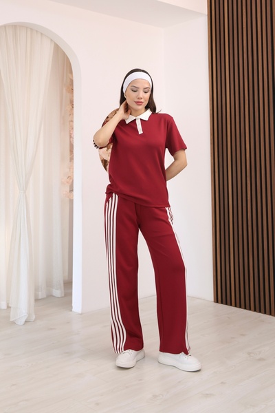 b buhari bykoc Stripe Detailed Polo Collar Buttoned Wide Leg Modal Fabric Tra...