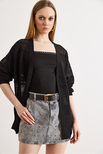 Olalook Women's Black Patch Patterned Openwork Boho Seasonal Cardigan Hrk-190...