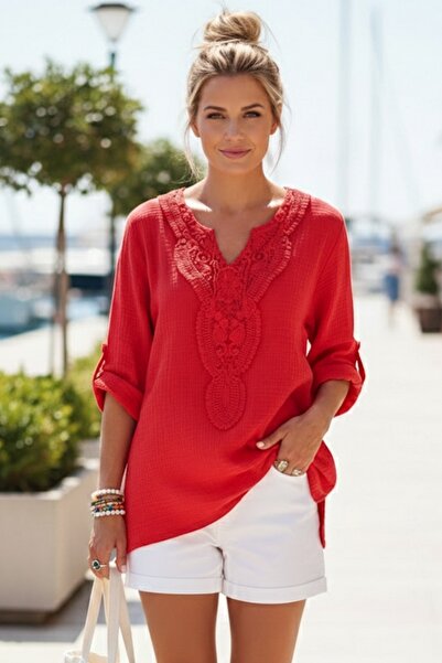 Chiccy Pomegranate Flower Lace Collar Buttoned 3/4 Sleeve Washable Casual Mus...