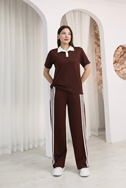 bobitex Polo Collar Button Detailed Striped Wide Leg Modal Fabric Tracksuit Set