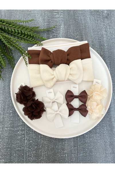 pempem bandana Baby Girl Cream Brown Ribbed Bandana Mixed Buckle Set