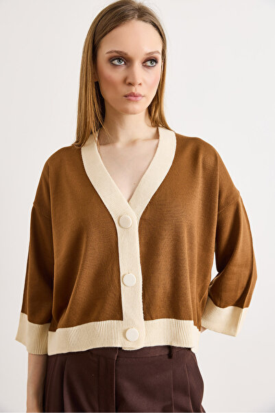 Olalook Women's Camel Hair Color-Blocked Bone Buttoned Seasonal Cardigan Hrk-...