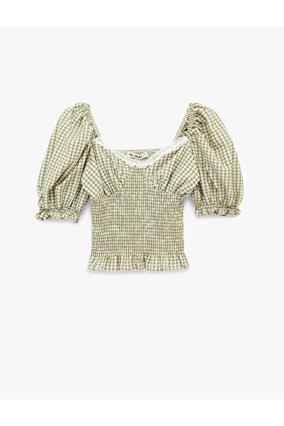Koton Gipeli Balon Kol V Yaka Dantelli Ekoseli Crop Bluz