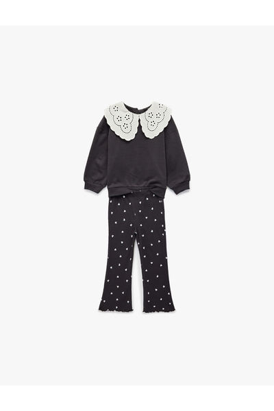 Koton Brodeli Bebe Yaka Uzun Kollu Pamuklu 2'li Sweatshirt Pantolon Takım