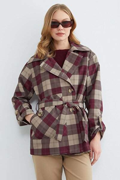 Fulla Moda Plaid Patterned Belted Trench Coat