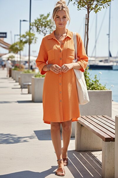 Chiccy Orange Shirt Collar Short Sleeve Buttoned Double Pockets Casual Muslin...