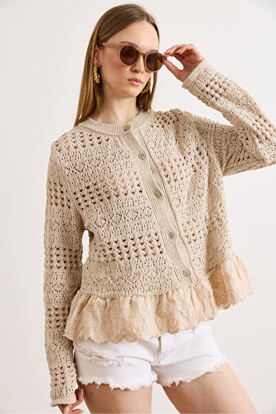 Olalook Women's Stone Lace Detailed Boho Soft Textured Knitwear Cardigan Hrk-...