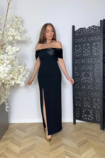 gesmoda G1741 Saten Yaka ve Kol Detaylı Elbise (Kollar İsteğe Bağlı Takıp Çık...