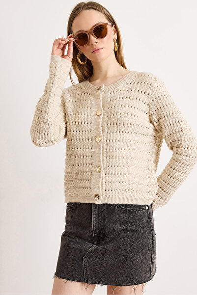 Olalook Women's Stone Gold Button Detailed Openwork Thick Knitwear Cardigan H...