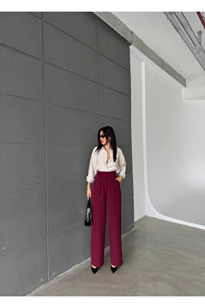 Mivida Pantaloni Palazzo Bordeaux cu talie înaltă