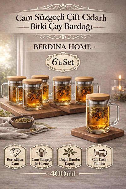 Berdina Home 6lı Borosilikat Cam Süzgeçli Bambu Kapaklı Kupa Kulplu Demlik Mo...
