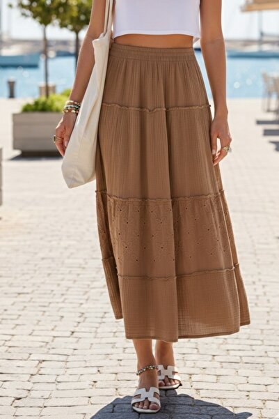 Chiccy Camel Skirt Ruffled Embroidered Elastic Waist Casual Muslin Long Woven...
