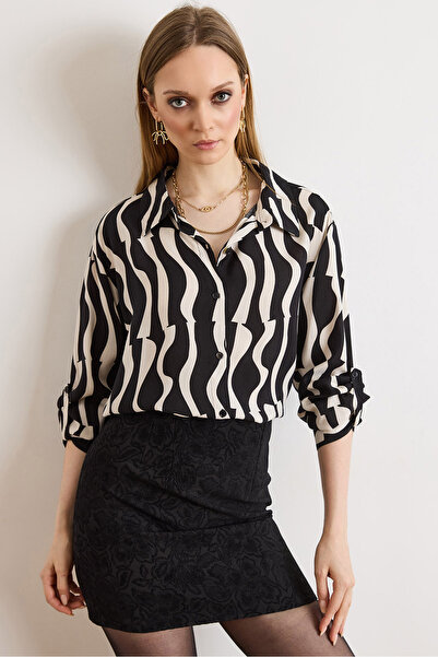 Olalook Women's Wave Black Washed Soft Textured Patterned Viscose Shirt Gml-1...