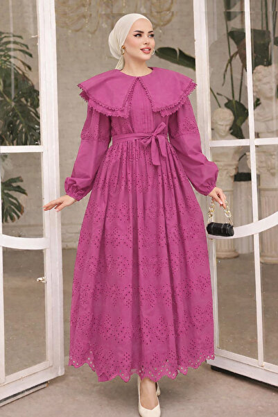 benguen 1421 Collar Detailed Lace Dress Fuchsia
