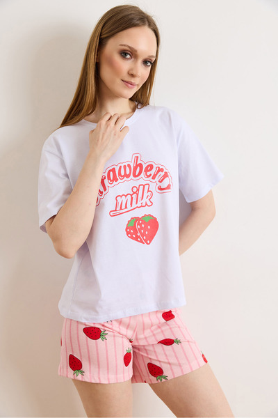 Olalook Women's Strawberry White Pink 100% Cotton Shorts Pajama Set Pjm-00000027