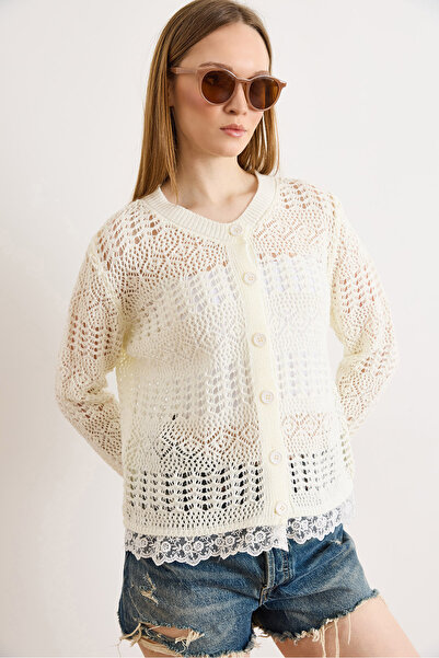 Olalook Women's White Lace Embellished Openwork Boho Seasonal Cardigan Hrk-19...