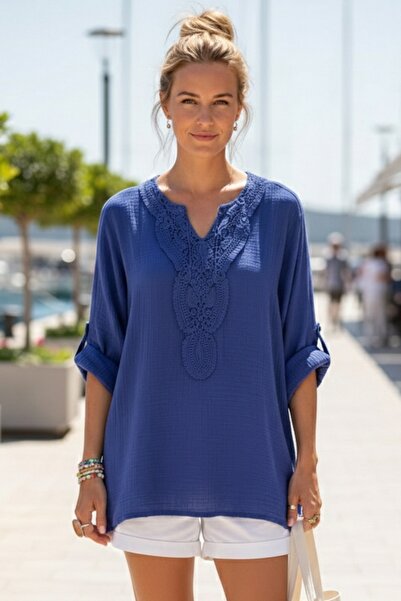 Chiccy Saks Blue Lace Collar Buttoned 3/4 Sleeve Washable Casual Muslin Loose...