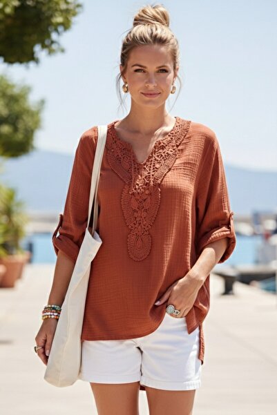 Chiccy Brick Red Lace Collar Buttoned 3/4 Sleeve Washable Casual Muslin Loose...