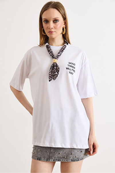 Olalook Women's White Scarf Detailed Cotton Comfortable Fit T-Shirt Tsh-19000942