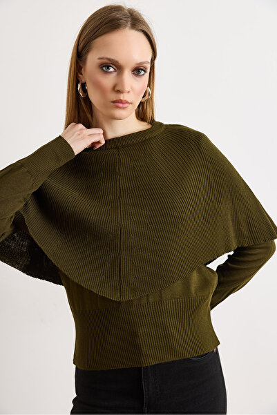 Olalook Pulover tricotat de tranziție pentru femei, cu detaliu tip pelerină k...