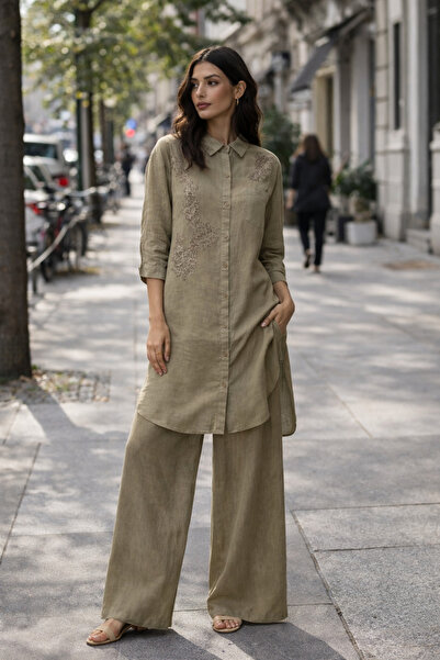 FUAT GÜRSEN 100% Linen Elastic Waist Sequin Embroidered Lined Trousers Set