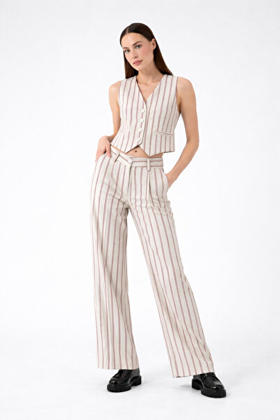 HAKKE Kadın Yüksek Bel Çizgili Keten Pantolon ve Yelek Takım
