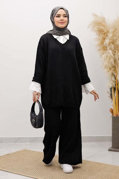 Tesettür Dünyası V-Neck Knitwear Set Tsd260117 Black
