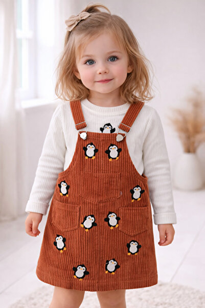 Pampal Kız Çocuk Penguen Nakışlı Kadife Salopet Elbise & Ribana Badi Takım- T...