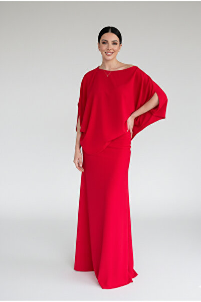 My Blog Red Shoulder Draped Satin Blouse Skirt Set - 8005