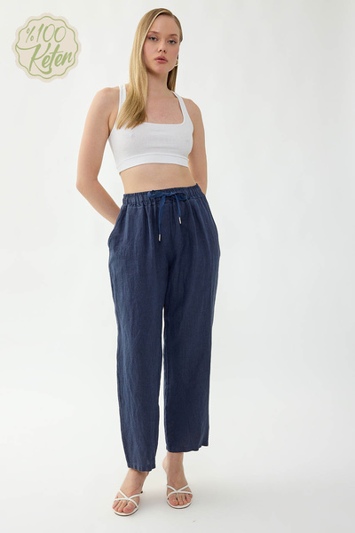 Vitrin 100% Linen Wide-Leg Trousers with Elastic Waist and Pockets